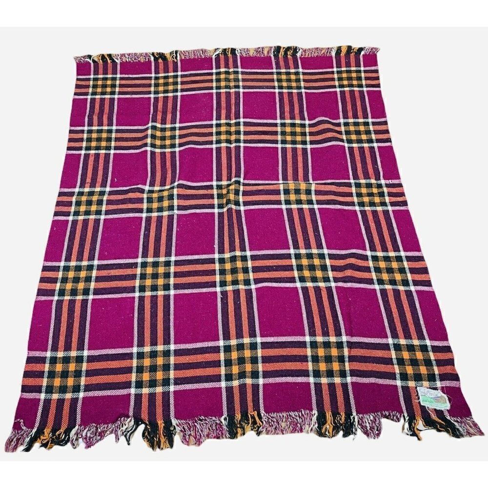 Vtg All Wool British Made Plaid Blanket 65 x 52 Reversible Purple Orange Grey